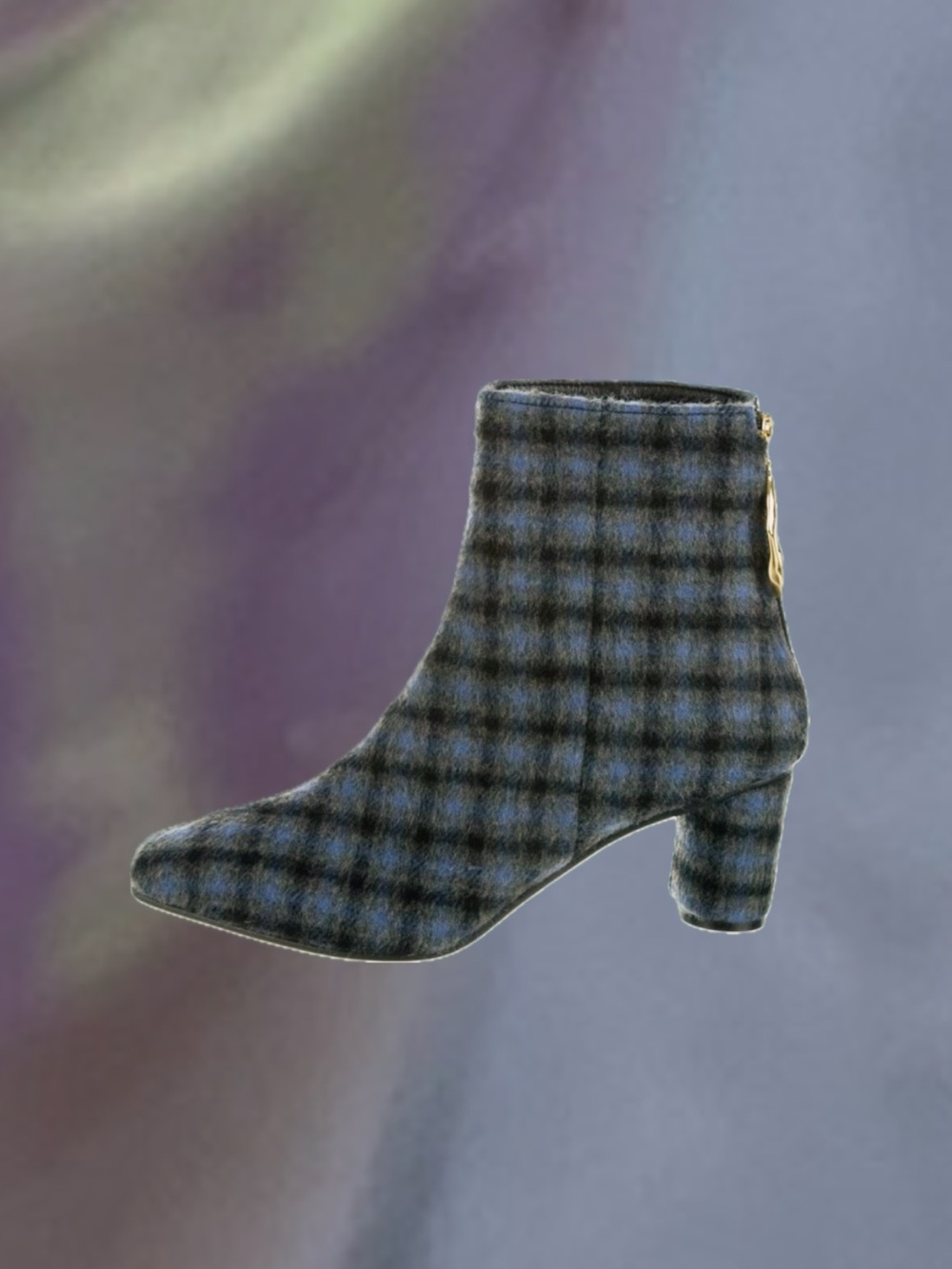 Reike Nen Plaid Blue Wool Block-Heel Ankle Boot Semi Pointed Toe